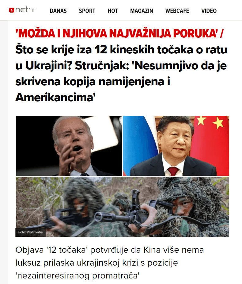 Podnošljiva težina neprelaženja crvenih linija – povodom objave kineskog službenog stava u vezi rješavanja ukrajinske krize Published on 28 April 2023 by Net.hr as “Što se krije iza 12 kineskih točaka o ratu u Ukrajini? Stručnjak: ‘Nesumnjivo da je skrivena kopija namijenjena i Amerikancima’” (What hides behind the Chinese 12 points on the war in Ukraine? Expert: “undoubtedly that a hidden copy is intended for the Americans”)