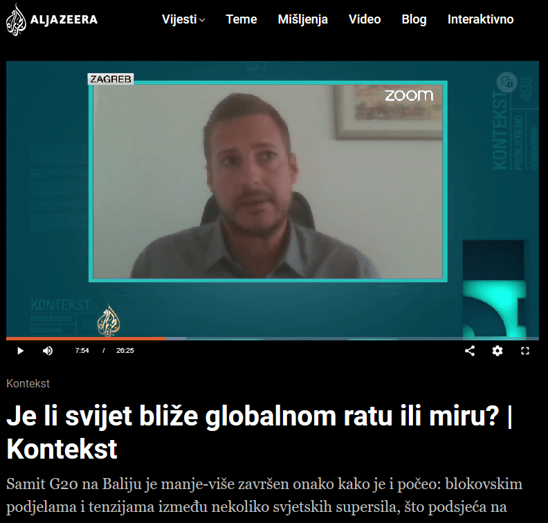 Ivica Bakota comments on G20 summit, Ukraine, Russia and China on Al Jazeera’s political telecast “Kontekst” (Context) (17 November 2022)
