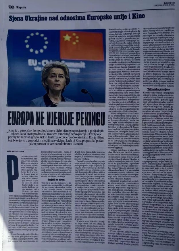 Summit Europske unije i Kine: između Lavova i Krakova (Summit of the European Union and China: Between Lviv and Kraków; Originally published by “Jutarnji list” in April 2022)