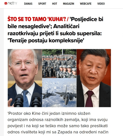 Što se tamo kuha? Posljedice bi bile nesagledive: Analitičari razotkrivaju prijeti li sukob supersila: 'Tenzije postaju kompleksnije' (What's cooking there? The consequences would be unfathomable: Analysts reveal whether a superpower conflict threatens: 'Tensions are becoming more complex'; Originally published by Net.hr on 9 February 2023)