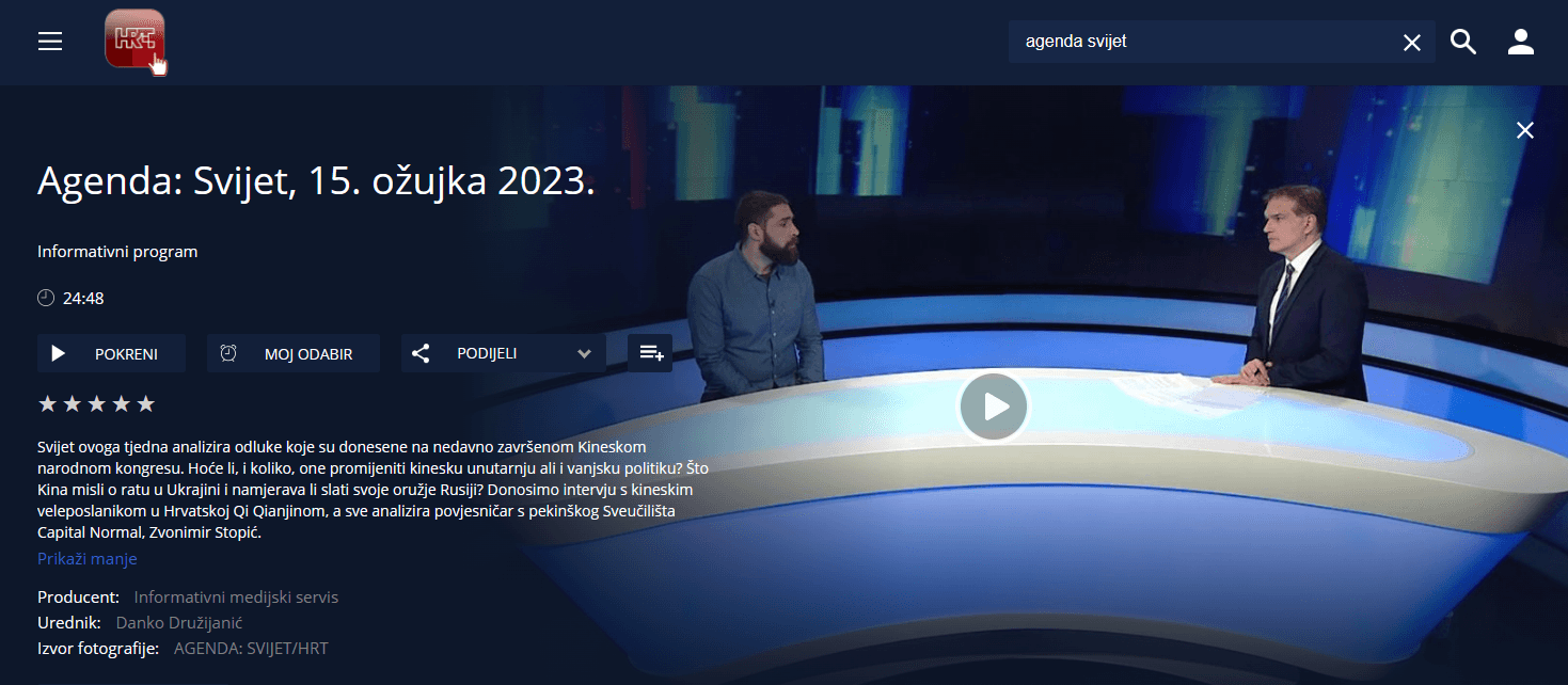 Zvonimir Stopić comments China in relations to Russia, Ukraine, USA, Taiwan, global peace, etc. at one of Croatia’s most popular political telecasts, Croatian Radio-Television’s (HRT) “Agenda World” (Agenda svijet) (15 March 2023)