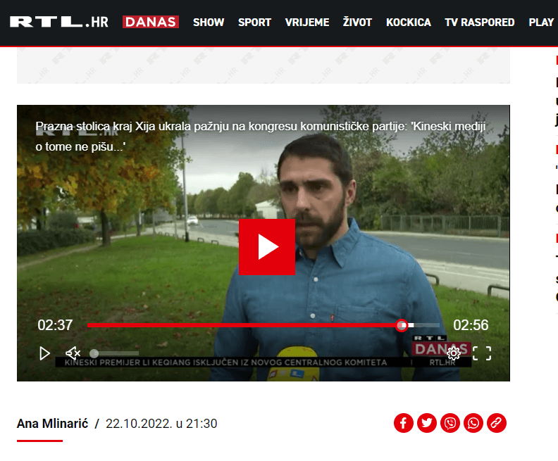 Zvonimir Stopić comment XX. Congress of the CCP on RTL news (22 October 2022)